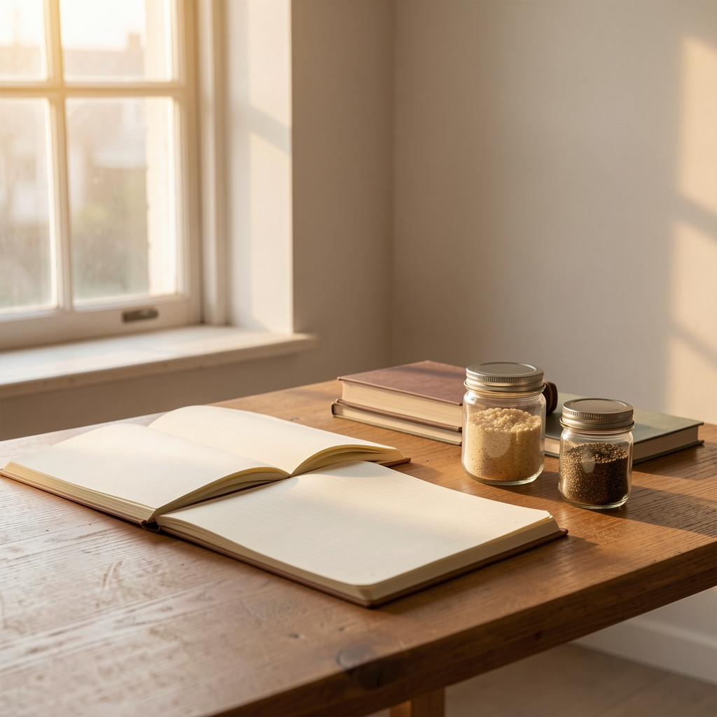 Clean studio workspace interior with shelves of labelled ingredient containers, warm afternoon light through a window