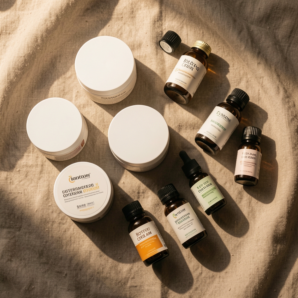 Flat-lay arrangement of body cream jars and vitamin bottles on warm linen, soft morning light from the side