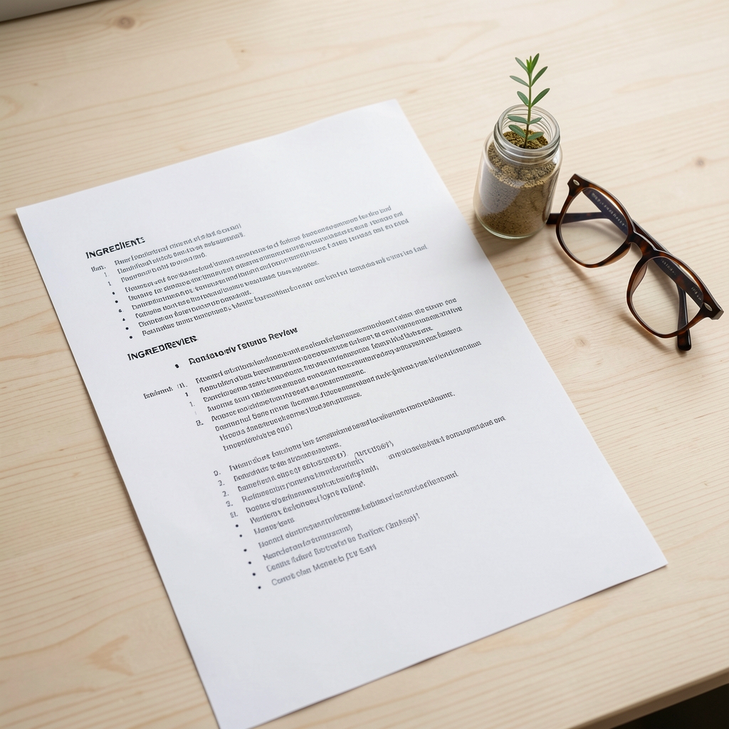 Printed ingredient review sheets on a pale wooden desk with a small glass jar of plant extract and reading glasses alongside