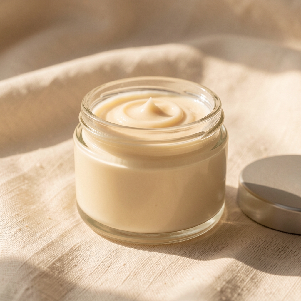 Glass jar of rich body butter on a pale warm surface, editorial product still life with natural side lighting