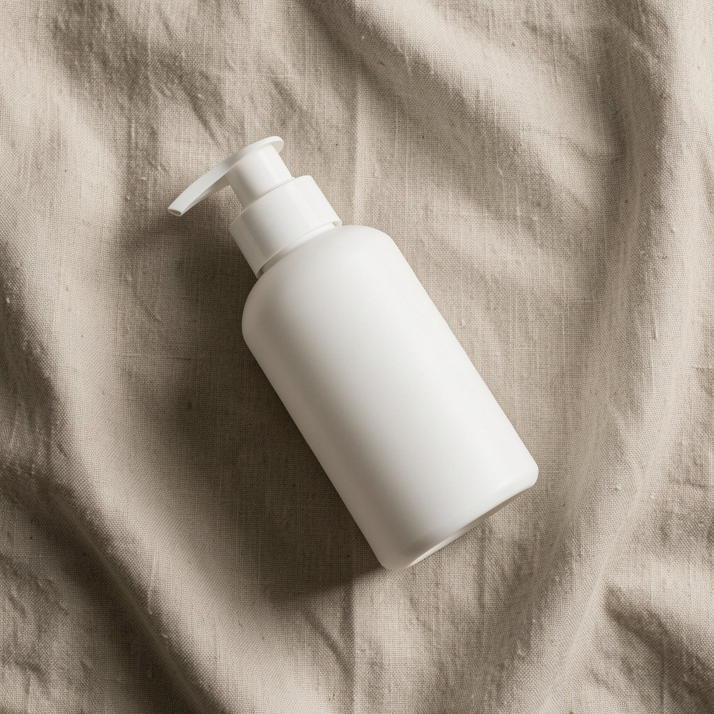 White lotion bottle lying on its side on linen fabric, overhead flat-lay editorial composition