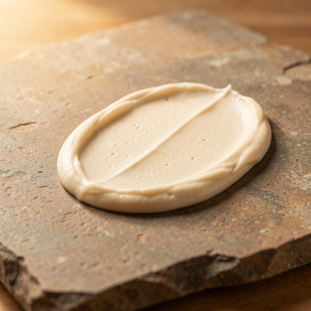 Close-up of cream texture being smoothed across a flat stone surface, warm overhead photography