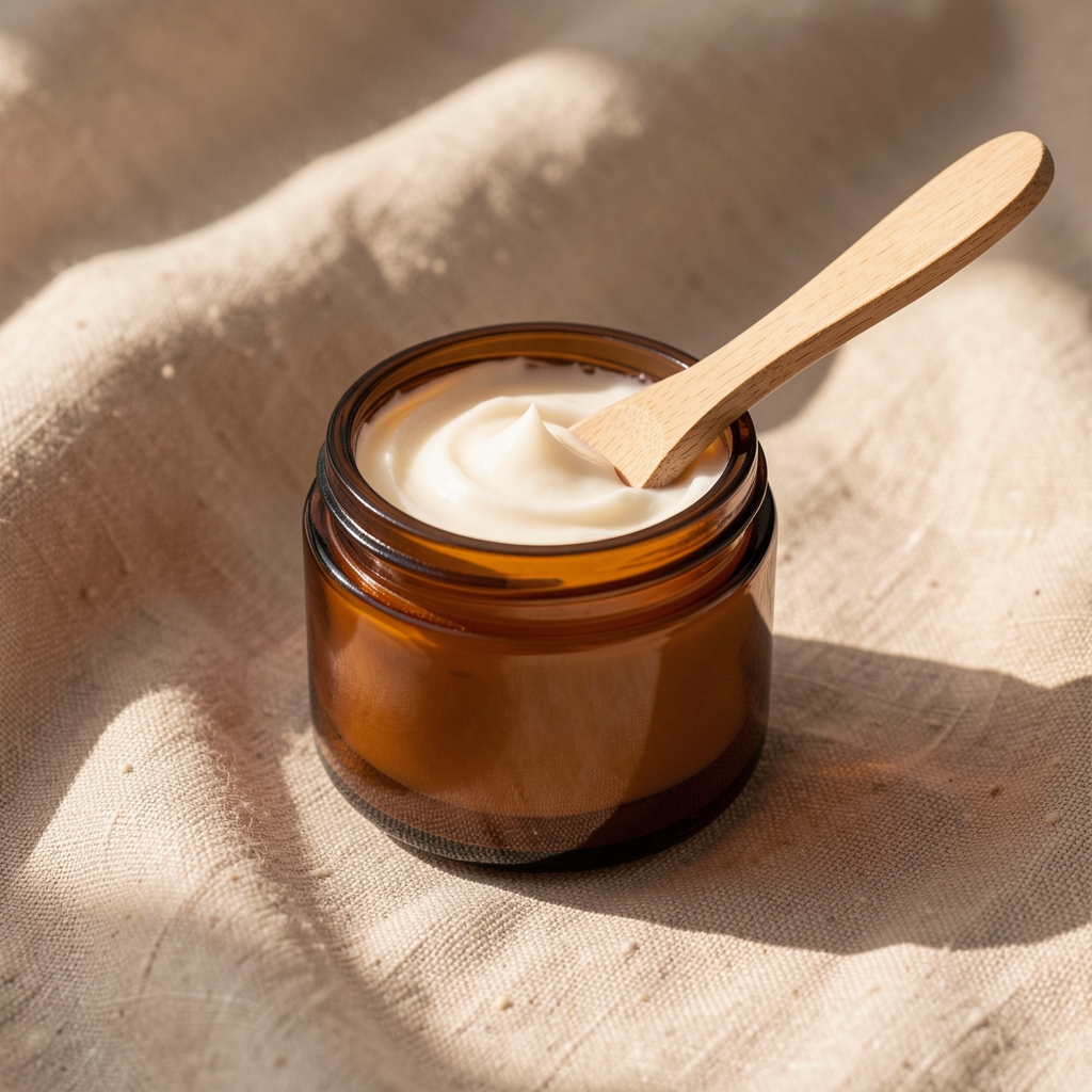Open amber glass jar of body cream with a wooden spatula on a warm linen background, natural light