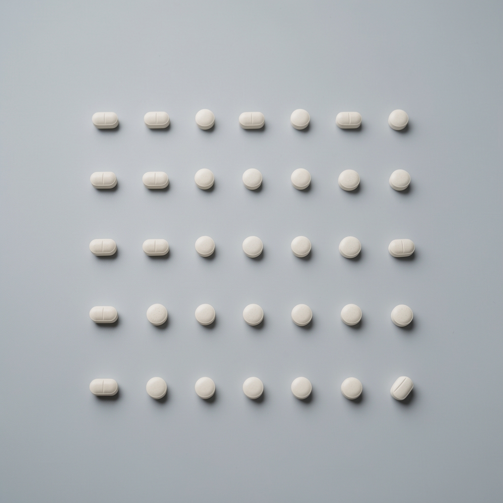 Capsule supplement capsules arranged in a sparse grid on pale grey background, minimal editorial arrangement