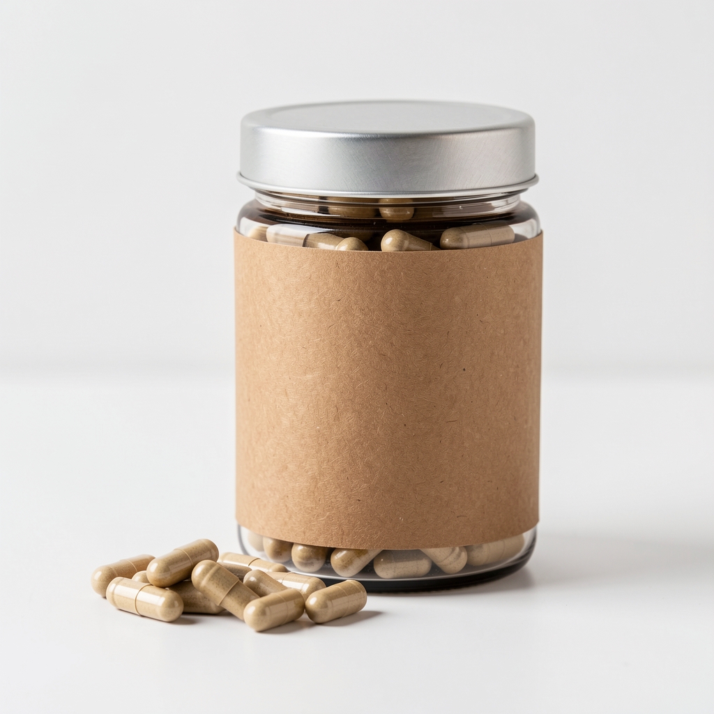 Supplement jar with a kraft paper label standing beside loose capsules on a white surface, clean product photography