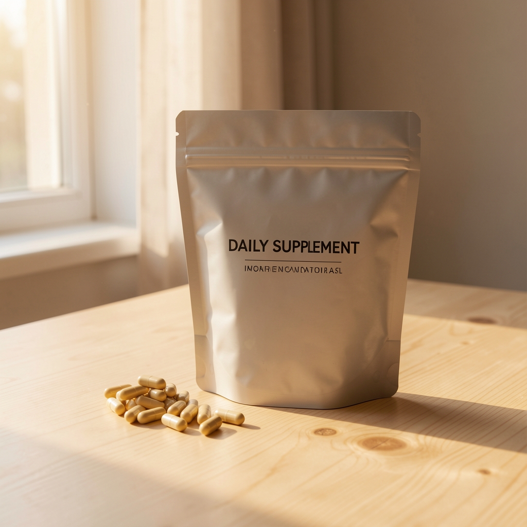 Daily supplement pouch and capsules arranged on light wooden surface with warm morning light from side window